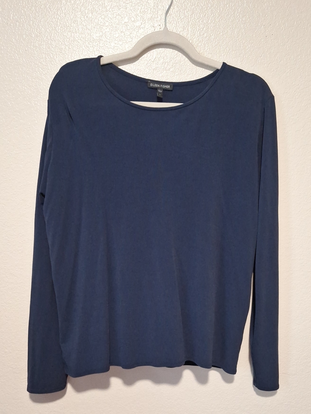 Eileen Fisher Deep Navy Silk Long-Sleeve Scoop Neck Top, Large